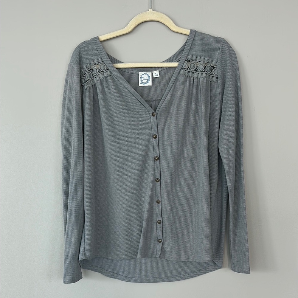 Gray V-Neck Button-Up Women's Top